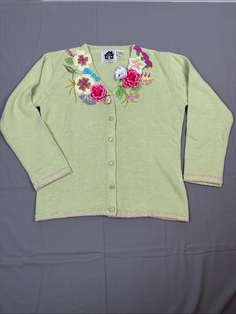 NWT Storybook Knits Medium Green Embroidered V-Neck Cardigan Garden Tea Party